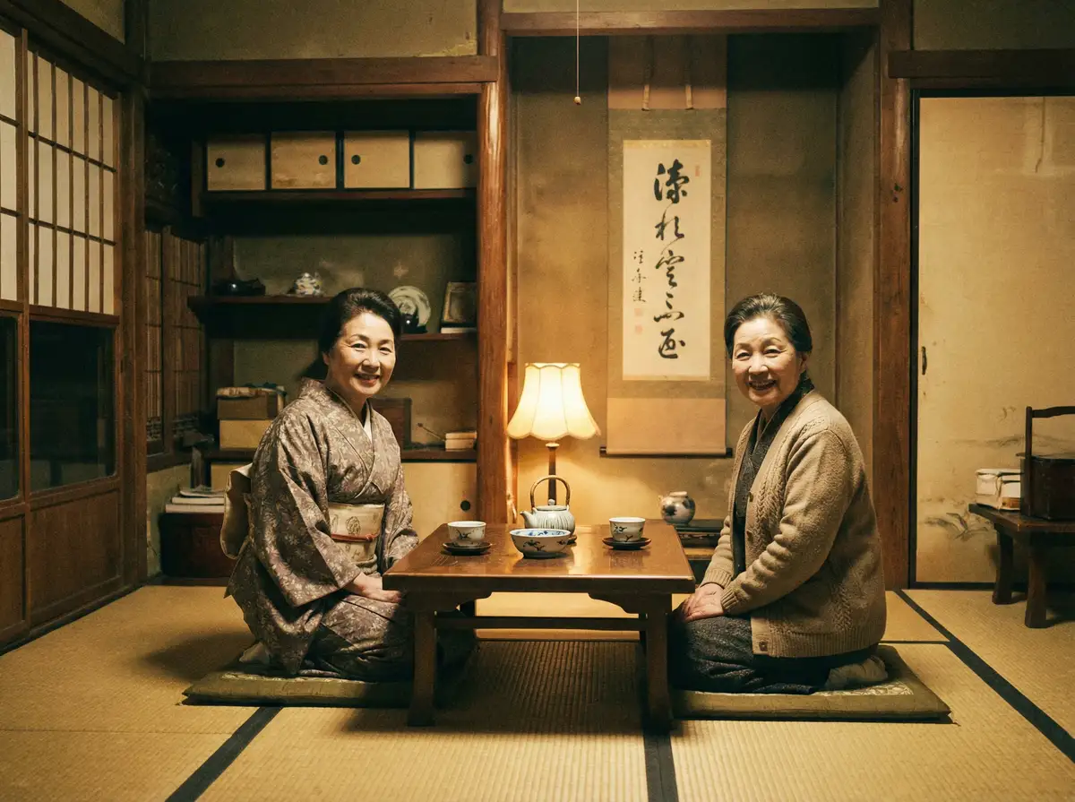 两位优雅的 好博体育 在日式茶室中品茶交谈